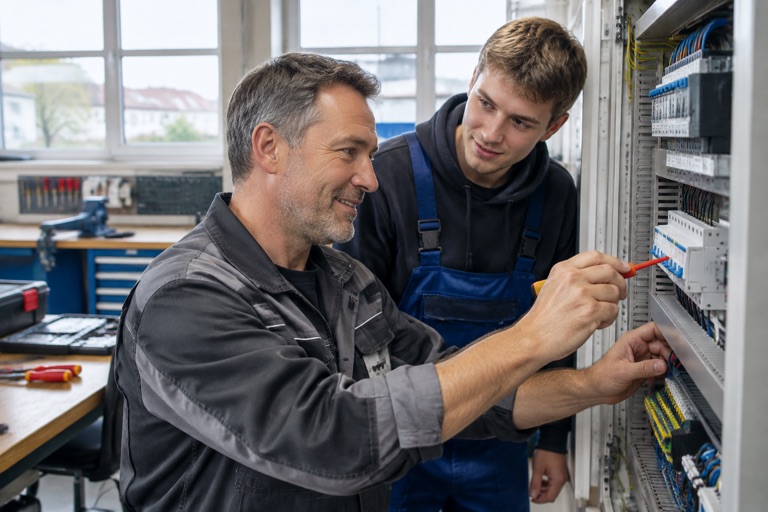 Ein Mann um die fünfzig lernt in einer Elektrowerkstatt einen neuen Beruf