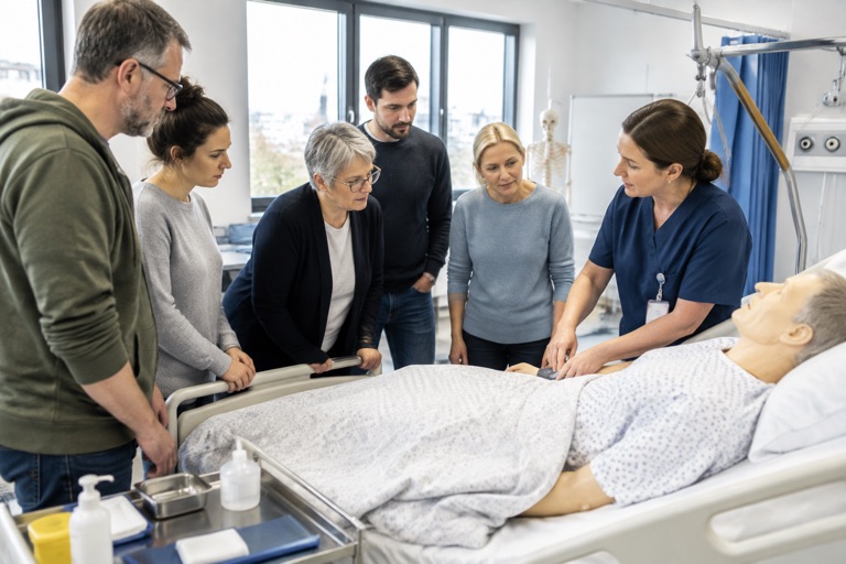 Erwachsene Umschülerinnen und Umschüler lernen in einer Pflegeschule die Patientenversorgung