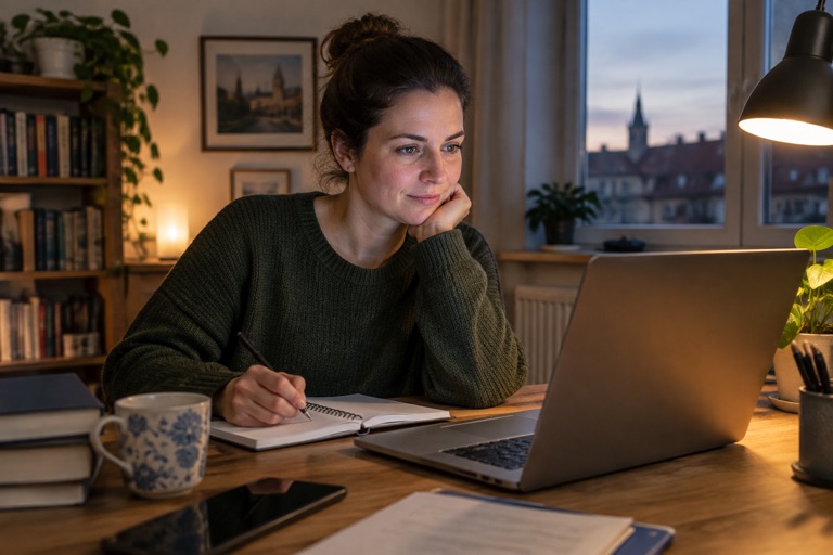 Frau lernt abends zu Hause am Laptop in einer Online-Weiterbildung